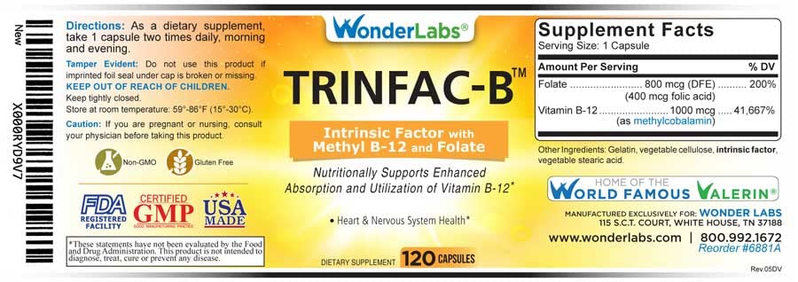 Wonder Laboratories Intrinsic Factor with Folic Acid and Vitamin B-12 1000mcg Capsule, 120 Capsules