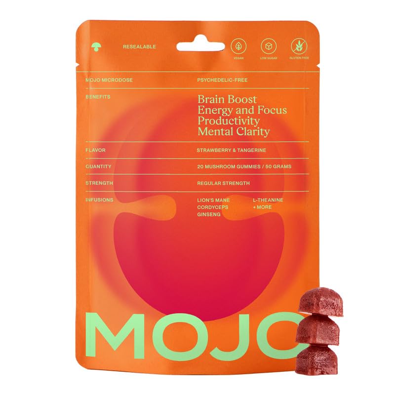 Mojo Focus Gummies with Lion’s Mane, Cordyceps, Ginseng & SAM-e Nootropic Blend for Energy & Mental Clarity, Strawberry Tangerine, 1 Pack