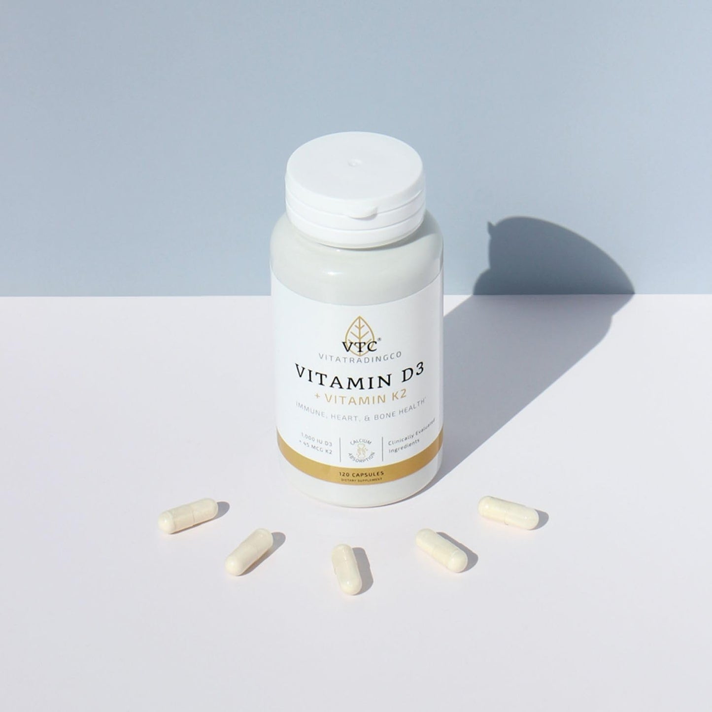 VTC VitaTradingCo. Vitamin D3 + K2 1000iu D3 + 45mcg MK-4 K2 Capsules, 120 Capsules