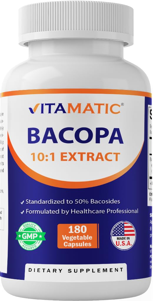 Vitamatic Bacopa Monnieri 10:1 Plant-Based Botanical Extract Capsules 180 Count