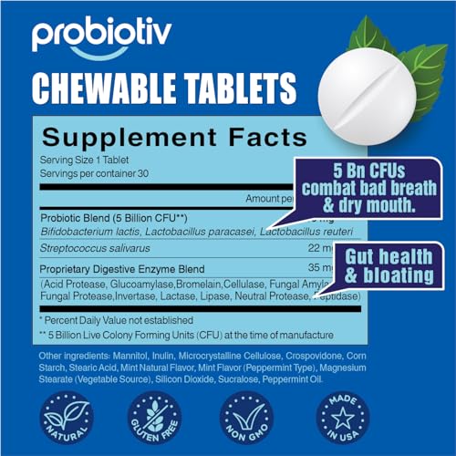 Probiotiv Oral Probiotics for Mouth Bad Breath 5 Billion CFU – Chewable Dental Probiotic for Teeth and Gums & Fresh Breath, Combats Dry Mouth, Halitosis & Supports Gut Health (60 Count (Pack of 4))