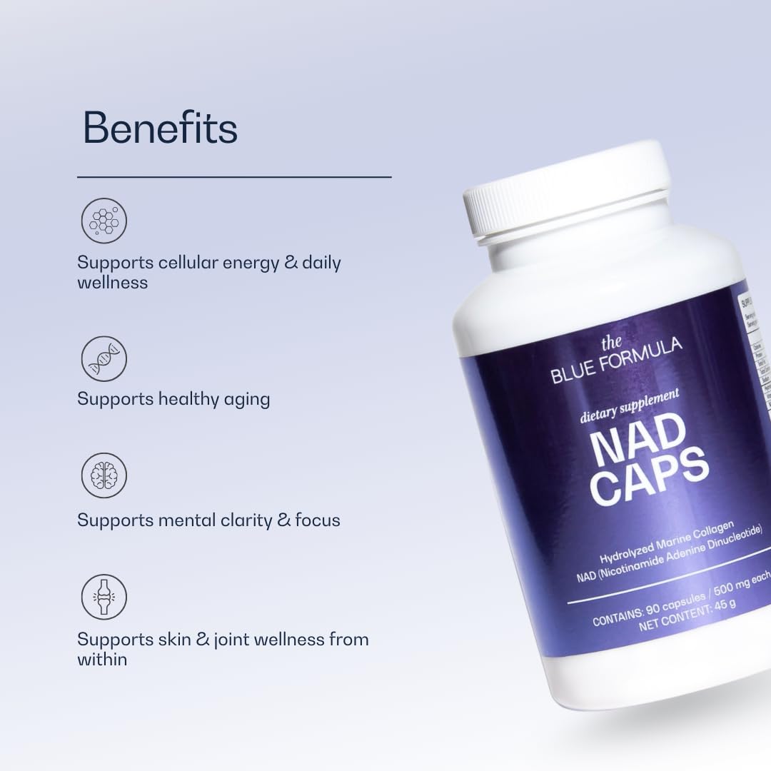 The Blue Formula NAD Caps NAD (Nicotinamide Adenine Dinucleotide) + Hydrolyzed Marine Collagen Daily Supplement, 90 Capsules