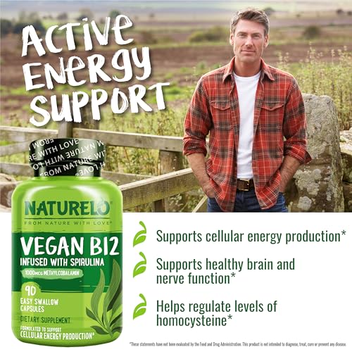 NATURELO Vegan B12 Methyl B12 with Organic Spirulina and Magnesium Glycinate Chelate Complex 210 Capsules