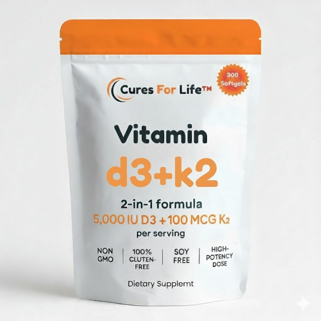 Cures For Life Vitamin D3 5000 IU with K2 MK-7 100 mcg Softgels, 300 Count