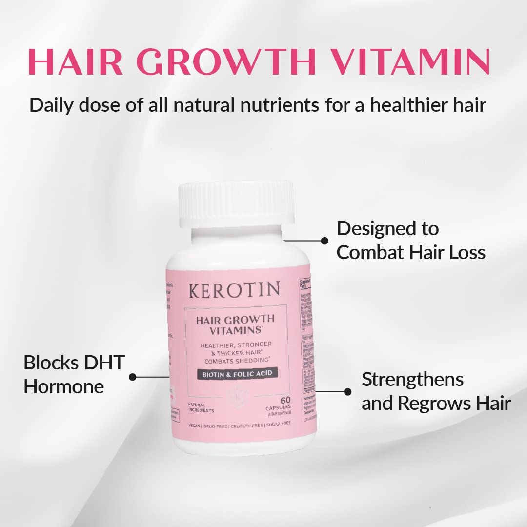 K Kerotin Hair Growth Vitamins, Biotin Supplement, DHT Blocker, Collagen Stimulator, for Hair Loss Support, Nail & Skin Care, Includes Saw Palmetto, Vitamin D3 & More Capsules, 60 Count