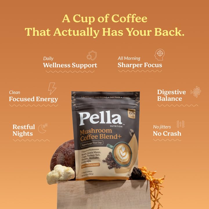 Pella Nutrition Mushroom Coffee with Lions Mane, Reishi, Chaga, Cordyceps, Shiitake, Maitake & Turkey Tail - Powder, 6.3 oz
