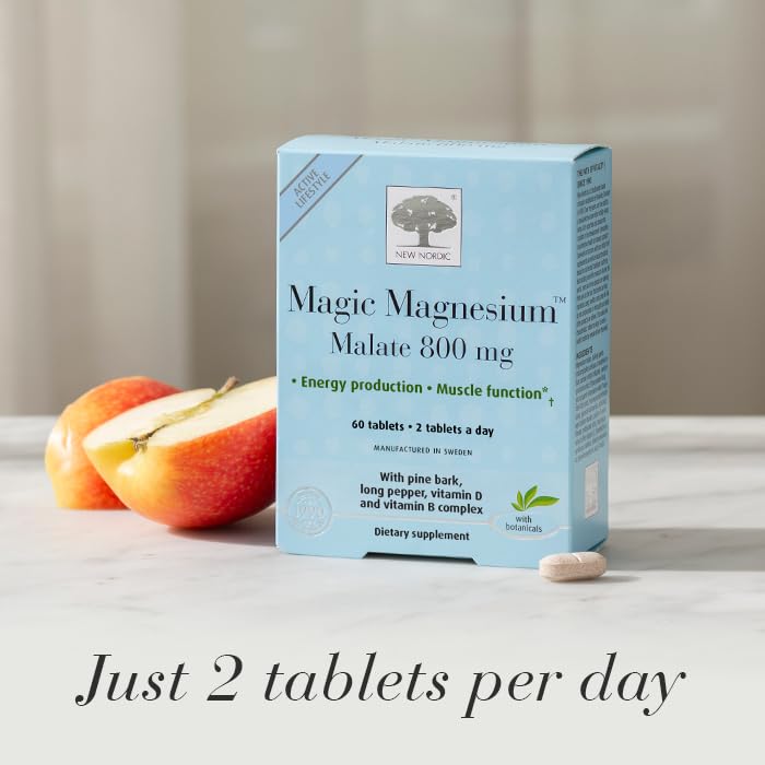 NEW NORDIC Magic Magnesium Malate 800 mg Maximum Absorption Capsules with Pine Bark & B-Vitamins, Energy Production and Muscle Function, 60 Capsules