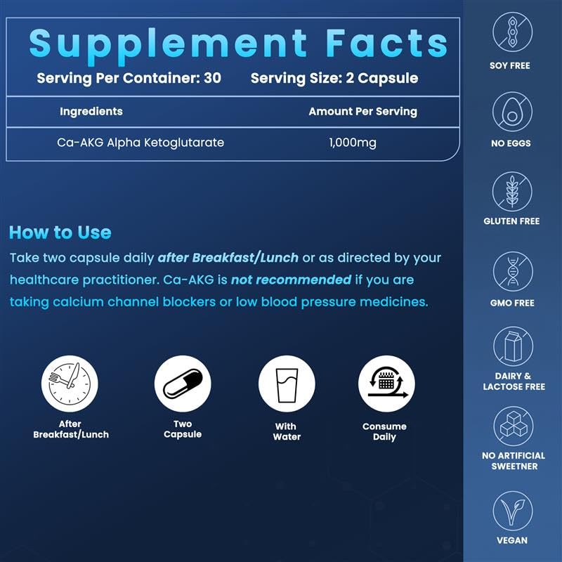 Global Natural Healing Supplements Ca-AKG Alpha Ketoglutarate 1000 mg Capsule, 60 Vegan Capsules