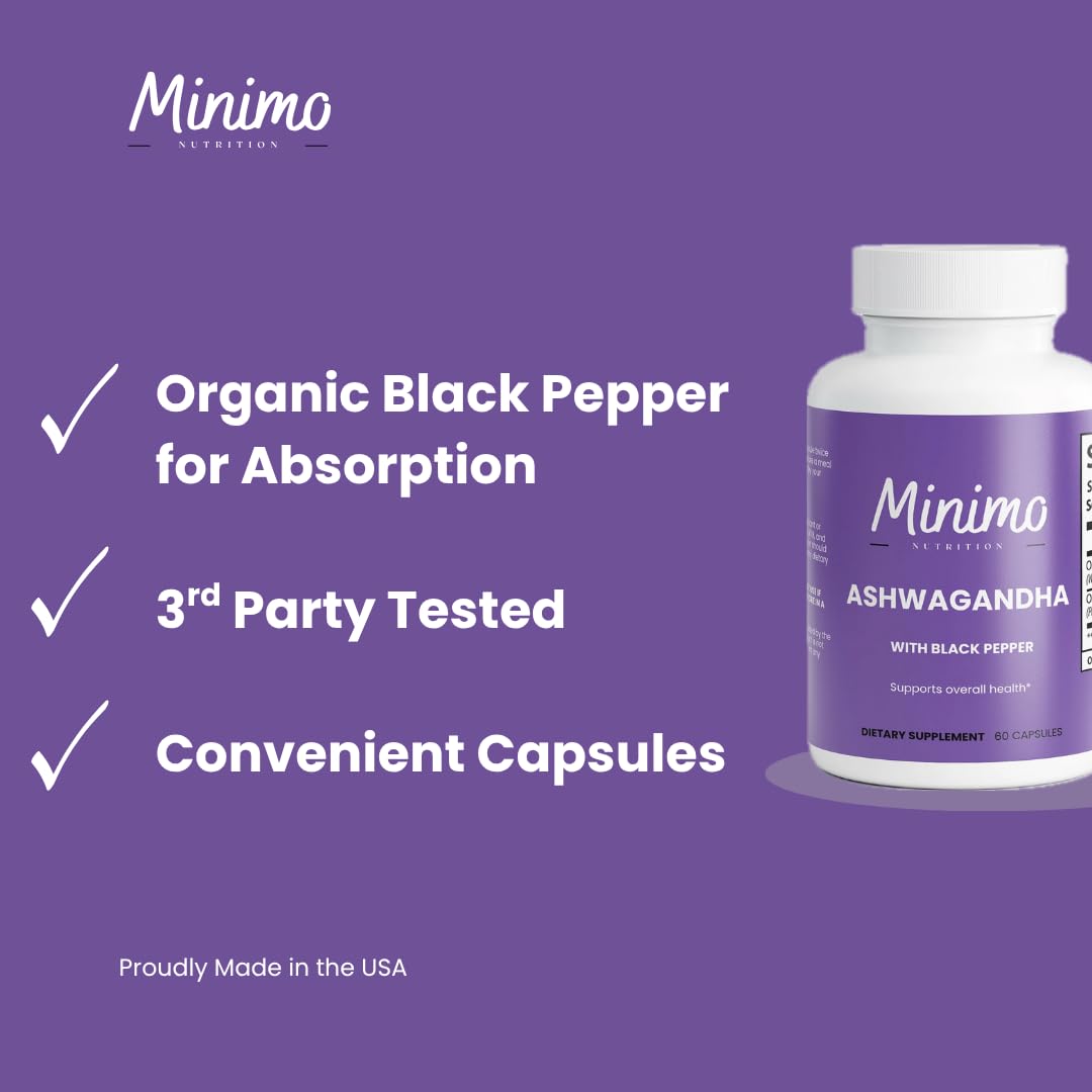 Minimo Nutrition Organic Ashwagandha 1300mg Capsules with Organic Black Pepper for Absorption, Stress, Focus, and Energy Support, 60 Capsules