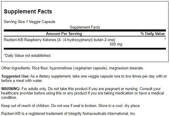 Swanson Razberi-K Maximum Strength 500 mg Capsules, 60 Count