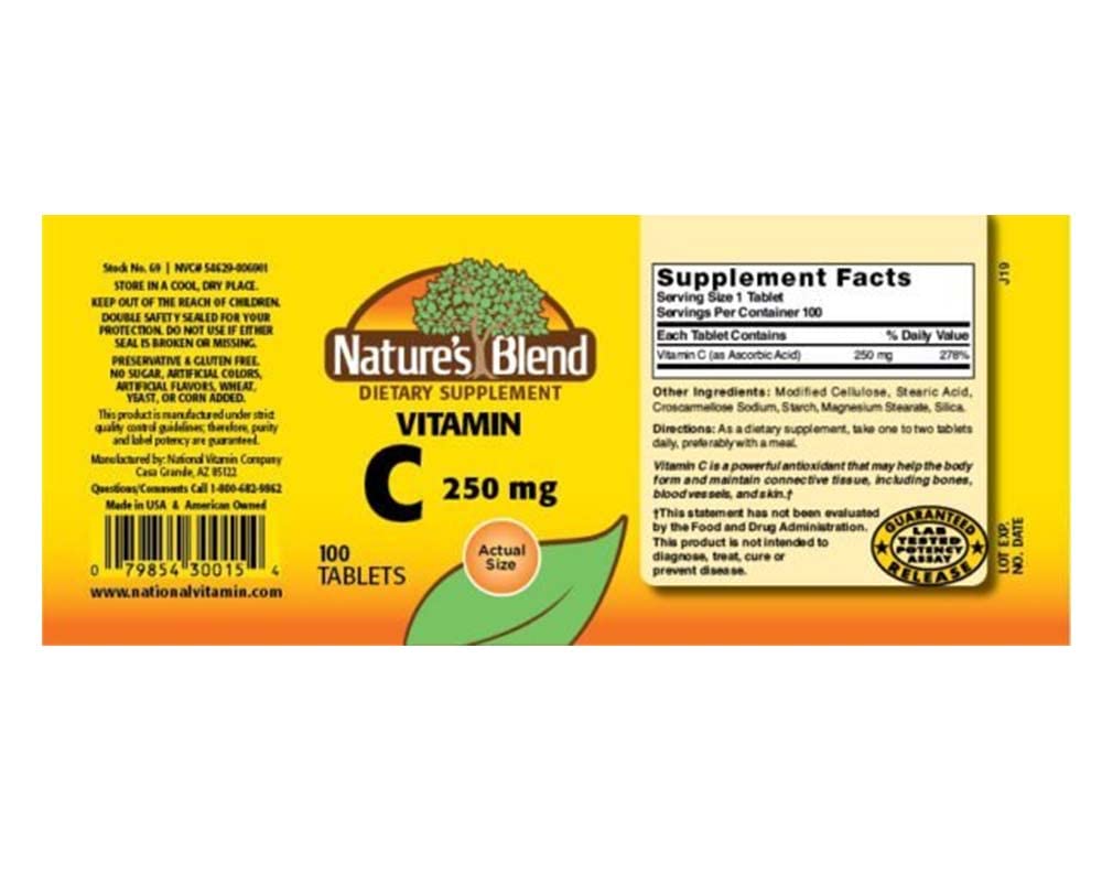 Nature's Blend Vitamin C 250 mg Tablet, 100 Count