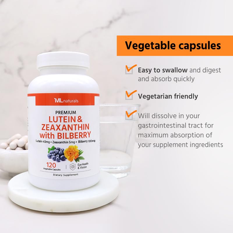 ML Naturals Lutein & Zeaxanthin with Bilberry – 40mg Lutein, 5mg Zeaxanthin & 100mg Bilberry (Per Serving) Capsules 120 Count
