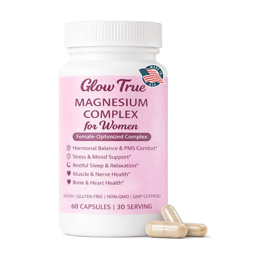GlowTrue Magnesium Complex for Women – Spectrum 5-Form Magnesium Complex (500 mg), High Absorption Glycinate, Citrate, Oxide & Malate – Vegan, Non-GMO Supports Sleep, Energy, Hormone & Bone, 60 Capsules