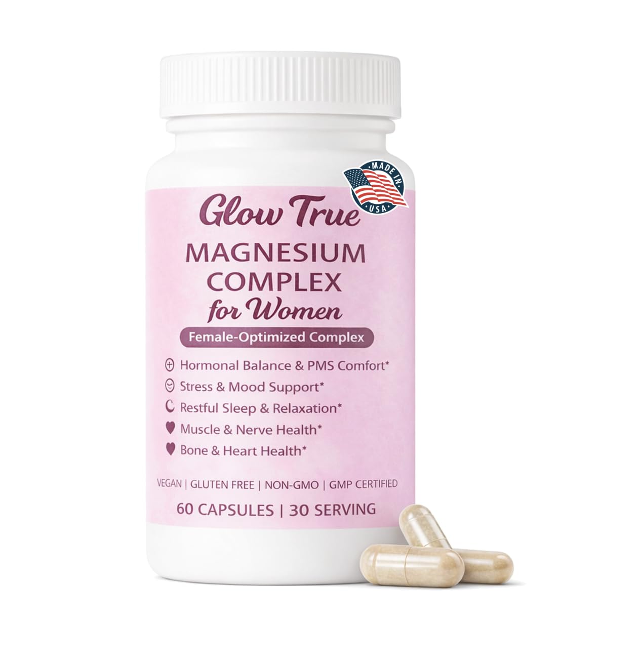 GlowTrue Magnesium Complex for Women – Spectrum 5-Form Magnesium Complex (500 mg), High Absorption Glycinate, Citrate, Oxide & Malate – Vegan, Non-GMO Supports Sleep, Energy, Hormone & Bone – Capsule, 60 Count