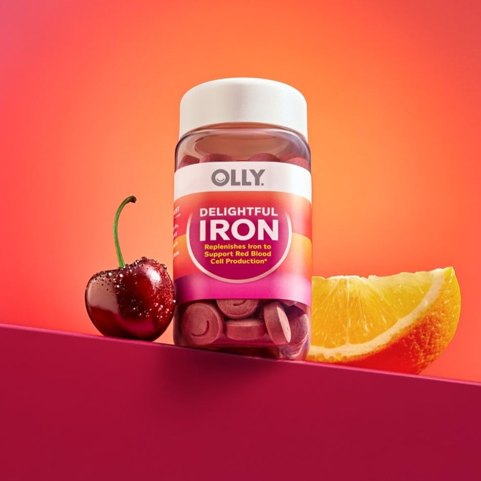 OLLY Delightful Iron Chewable Tablet, 18 mg Iron, Fruit Punch, 60 Tablets