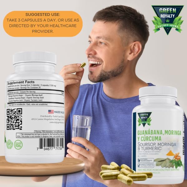 GREEN ROYALTY Moringa, Guanabana & Curcuma 1500 mg per Serving Capsule 90 Count