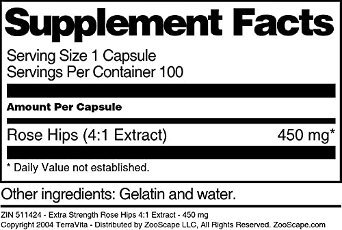 Terravita Extra Strength Rose Hips 4:1 Extract 450 mg Capsules, 300 Capsules