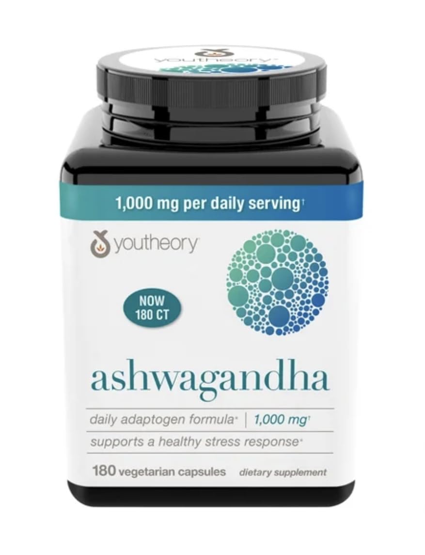 Youtheory Ashwagandha 1000mg with KSM-66 Capsules, 180 Count