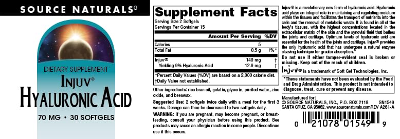 Source Naturals Hyaluronic Acid Injuv 70mg 30 Softgels