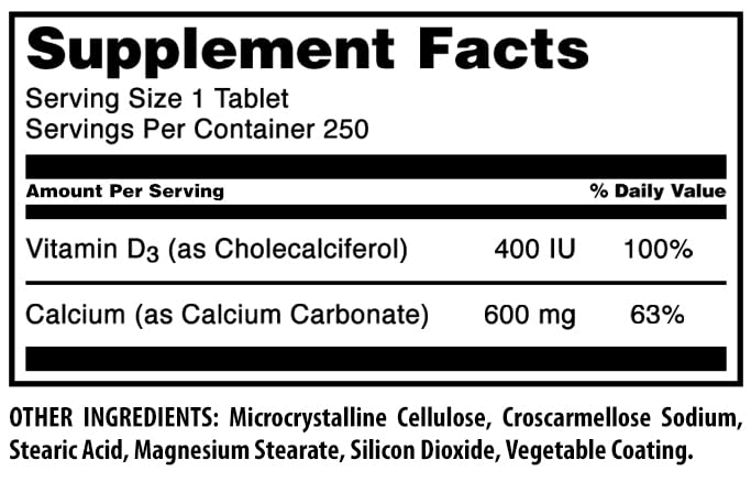 Amazing Nutrition Calcium 600 Mg with Vitamin D3 400 IU Tablets, 250 Count