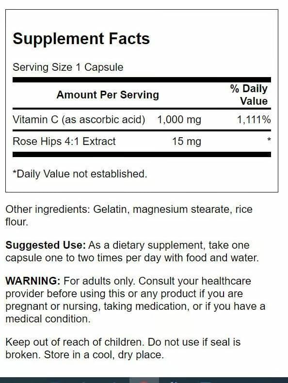 Swanson Vitamin C with Rose Hips 1000 mg Capsules, 750 Capsules