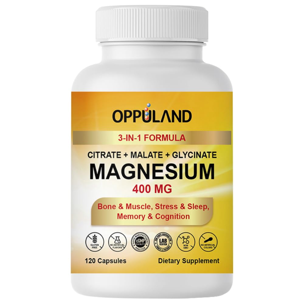 Oppuland Triple Magnesium Complex Supplement 400mg with Citrate, Malate & Glycinate Capsule 120 Count