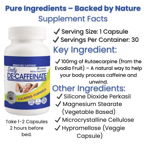 RUTA Daily De-Caffeinate: Advanced Caffeine Eliminator Supplement – Natural Acting Non-Addictive Formula that Supports Relaxation and Deep, Restful Sleep Capsule, 30 Count