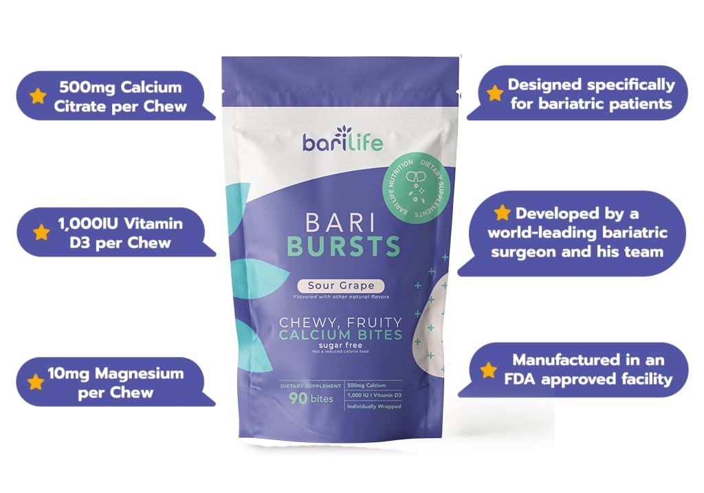 Bari Life Just One Once Daily Bariatric Multivitamin with Iron 30 Tablets and BariBurst Calcium Citrate Soft Chews Sour Grape