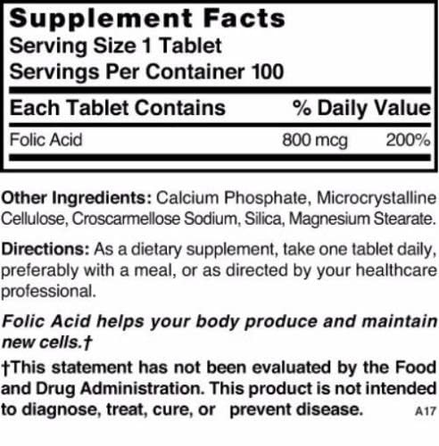 Nature's Blend Folic Acid 800 mcg Tablet, 100 Tablets