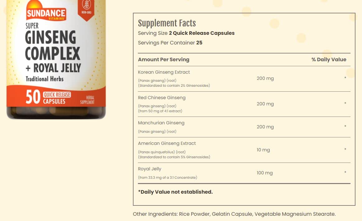Sundance Vitamins Ginseng Complex Plus Royal Jelly Softgels 50