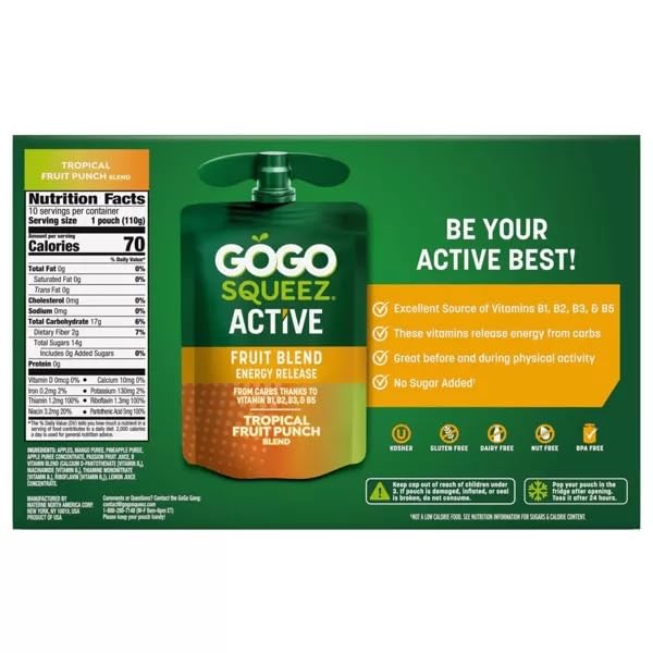 KD Chocolates GoG0 SqueZ Active Fruit Blend Energy Release Tropical Fruit Pouches, 10 ct