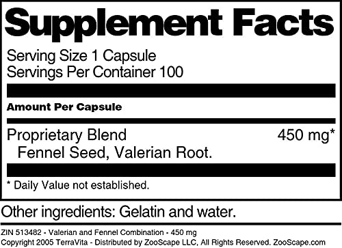Terravita Valerian and Fennel Combination 450 mg Capsules, 100 Count
