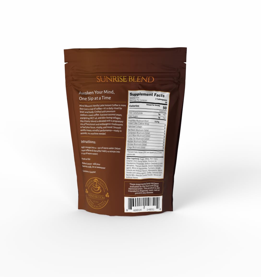 Mind Bloom Sunrise Vanilla Latte Instant Coffee - Proprietary Mushroom Blend Powder 8.5 oz