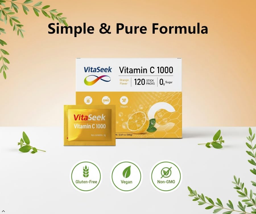 VitaSeek 1000mg Vitamin C Powder Packets Sugar Free Orange Flavor, 120 Count