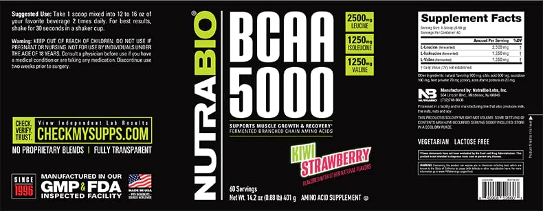 NutraBio BCAA 5000 Powder - Vegan Fermented BCAAs, 14.08 oz