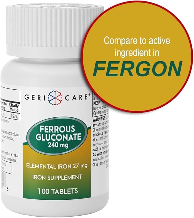 GeriCare Ferrous Gluconate 27 mg Iron Tablets, 200 Count