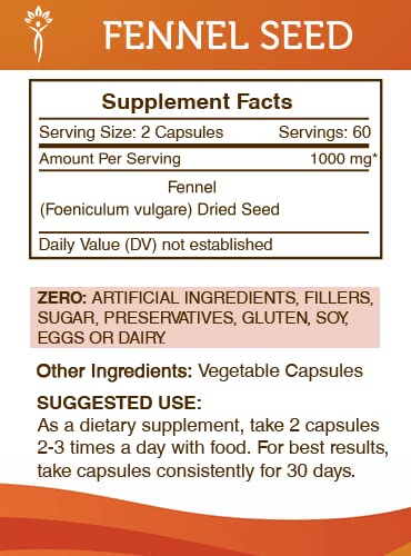 Secrets of the Tribe Fennel Seed 1000 mg Capsules, 120 Count