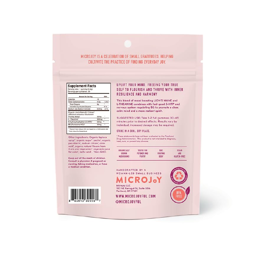 Microjoy Elevate Mood Support Gummies with L-Theanine, Lion’s Mane, 5-HTP & B6 – 30 Gummies