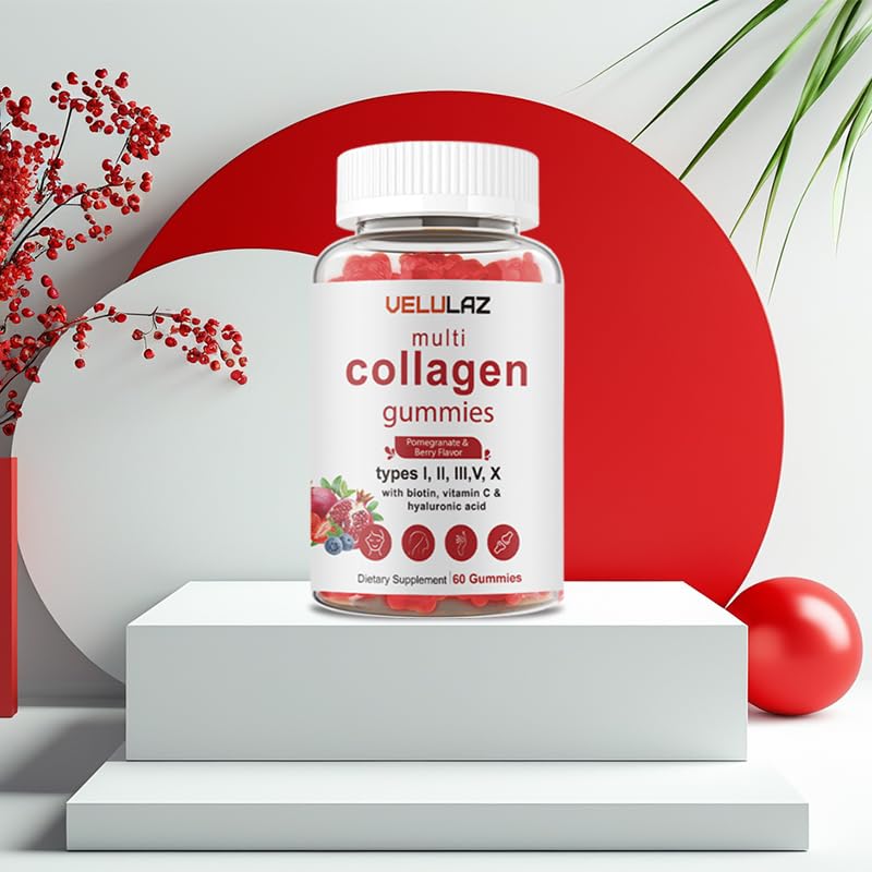 velulaz Multi Collagen Gummies - Types I, II, III, V, X-Skin Care, Premium Formula, Protein Supplement for Both Men and Women Powder 10.59 Ounce