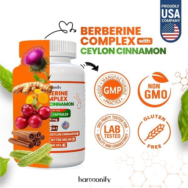 HARMONIFY Berberine Supplement with Ceylon Cinnamon, Milk Thistle, Turmeric, Bitter Melon Complex, 120 Capsules