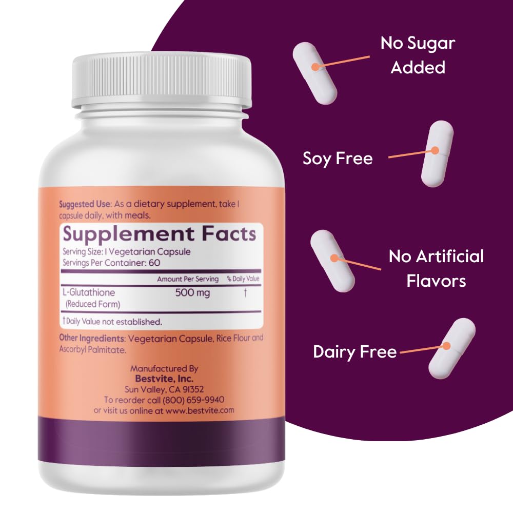 BESTVITE L-Glutathione 500mg Vegetarian Capsules, 60 Capsules