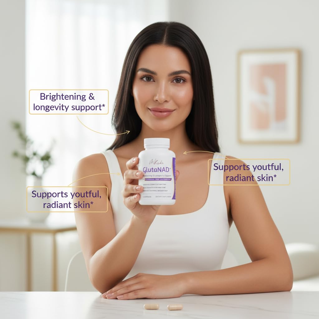 MKADI GlutaNAD+ Brightening & Longevity Support, L-Glutathione & NAD+ Antioxidant Complex, Skin Glow, Cellular Energy & Healthy Aging, 60 Vegan Capsules