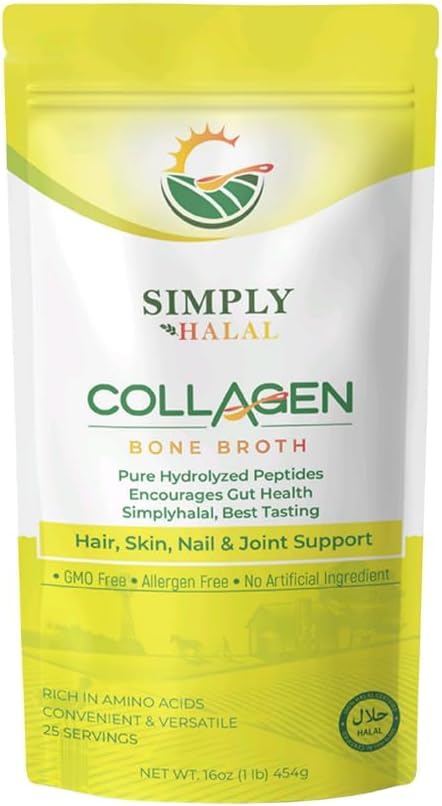 Simply Halal Broth Collagen Powder Type I & III for Joint, Skin, Hair, Nail & Digestive Support – Grass-Fed, 16 oz