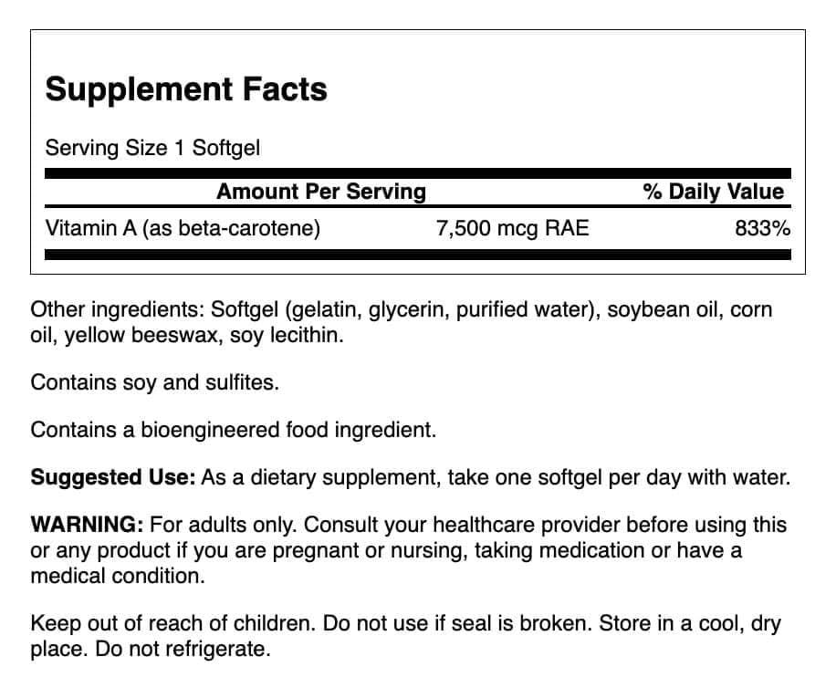 Swanson Beta-Carotene Vitamin A 25,000 IU Eye and Skin Health Supplement for Adults Seeking Vision and Immune Support Softgels, 600 Softgels