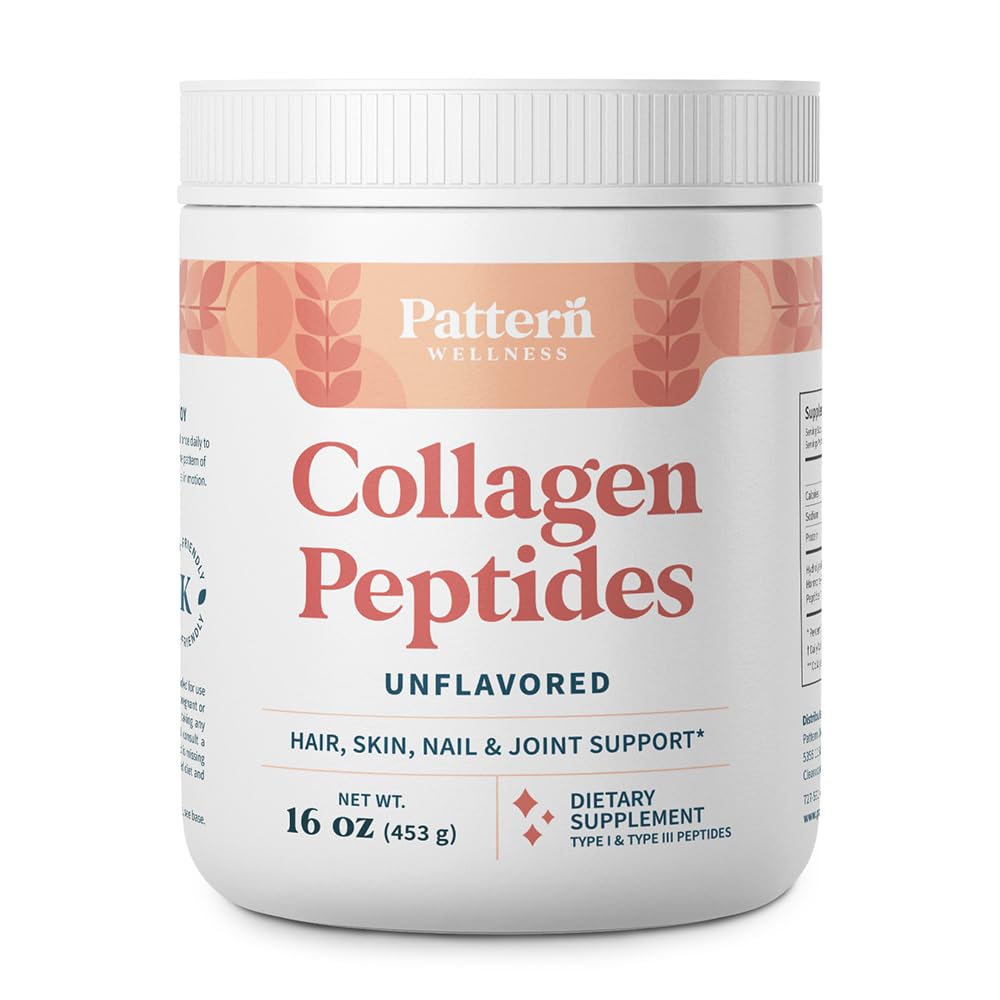 Pattern Wellness Collagen Peptides Powder (Type I & III) - Hair, Nails, Skin & Joint Support - Grass Fed & Pasture-Raised - Hydrolyzed, Non-GMO, Dairy Free, & Keto-Friendly - Unflavored, 16 oz