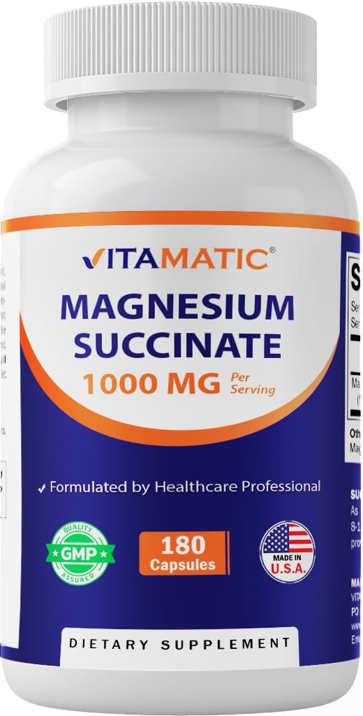 Vitamatic Magnesium Succinate 1000 mg Per Serving (Provides 90 mg Elemental Magnesium) Capsules, 180 Count