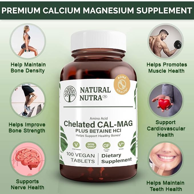 Natural Nutra Chelated Calcium Magnesium 1000/500 mg Supplements Plus Betaine HCL - Chelated Cal Mag Tablets, 100 Count