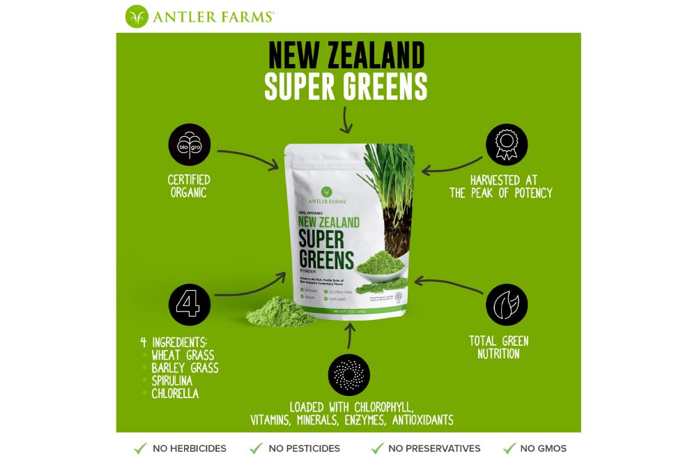 Antler Farms Organic New Zealand Super Greens Powder, 7 oz