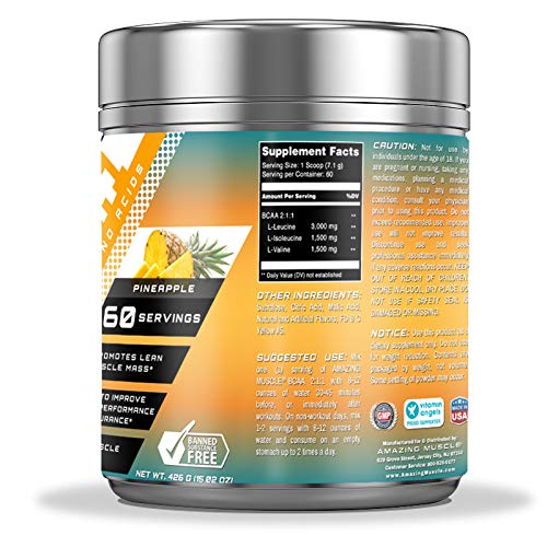 Amazing Muscle BCAA 2:1:1 Branched Chain Amino Acids Supplement Powder, Pineapple Flavor, 6000 mg per Serving, 60 Servings, 16 oz
