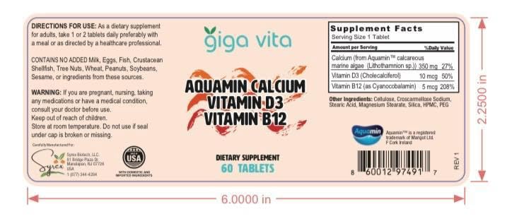 Giga Vita Aquamin Calcium with Vitamin D3 & Vitamin B12 – Bone, Joint & Energy Support – 60 Tablets